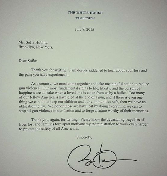 Sofia Hublitz- Reply from Barack Obama